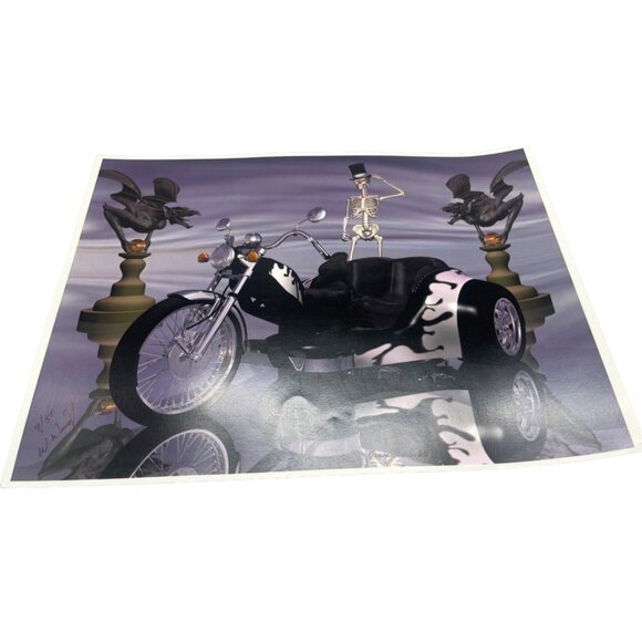 LE GM Harley Davidson motorcycle print artwork signed 4/50 skeliton16x12" READ - Picture 1 of 6